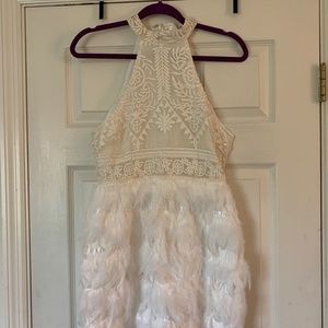High neck, lace, feather skirt bodycon dress